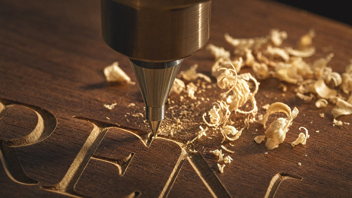 Letters being engraved into a walnut lid, with fine wood shavings