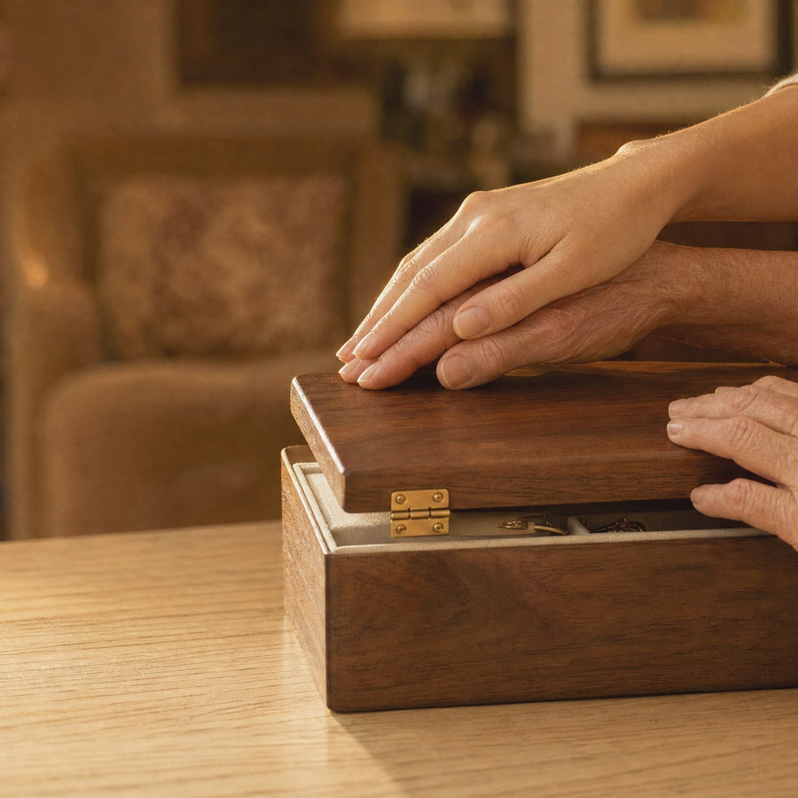 An older hand and a younger hand resting together on the lid of a walnut jewelry box